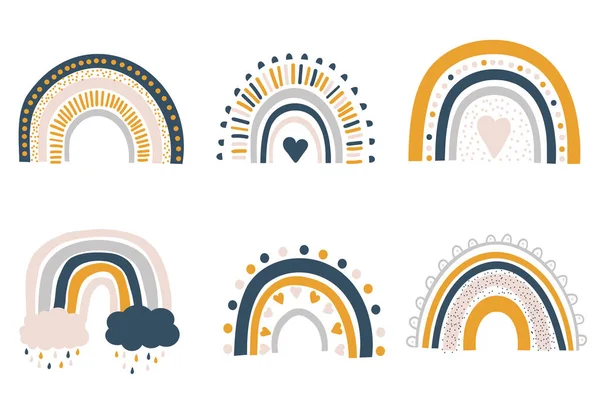 Conjunto de arco iris colorido lindo y nubes, divertidos iconos de dibujos animados diseño vector ilustración para las impresiones de vivero, ropa de bebé, decoración de la habitación. — Vector de stock