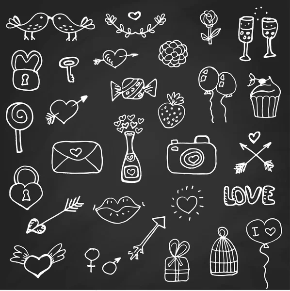 Set di elementi doodle giorno valentini su lavagna di gesso — Vettoriale Stock
