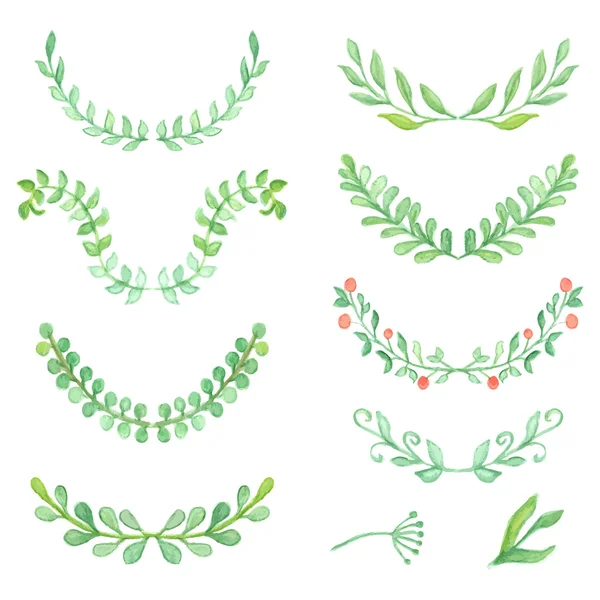 Watercolor painted laurels set. Floral wreaths and plants. — Stock Vector