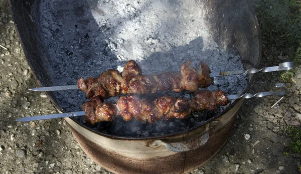 Viande frite shashlik barbecue sur charbon — Photo