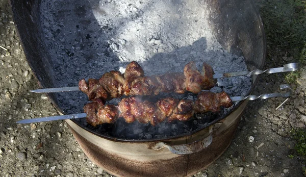 Kızarmış et Şaşlık Mangal kömürleri üzerinde — Stok fotoğraf