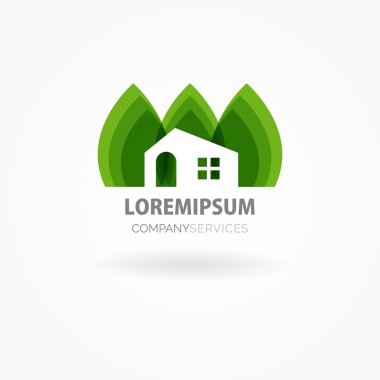 Yeşil yapraklı eko ev. Ev logosu. Ekolojik ev simgesi