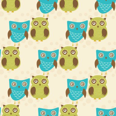 Baykuşlar çift şirin seamless modeli. Baykuş mavi ve yeşil. Vektör illistration