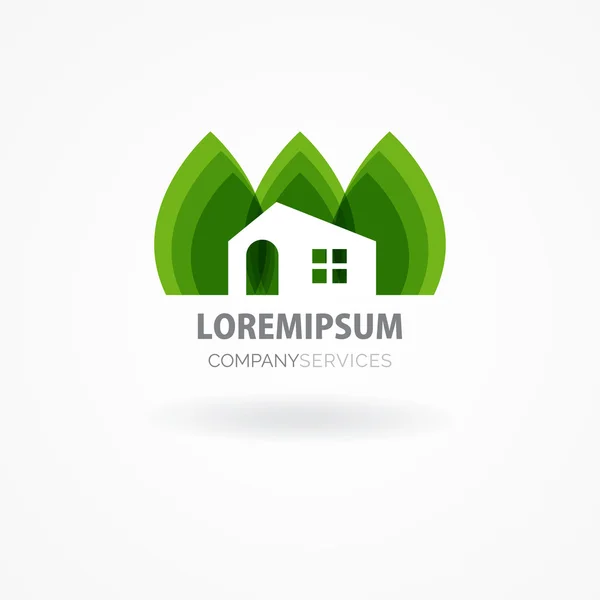 Öko-Haus mit grünen Blättern. Haus-Logo. Ökologisches Haussymbol — Stockvektor