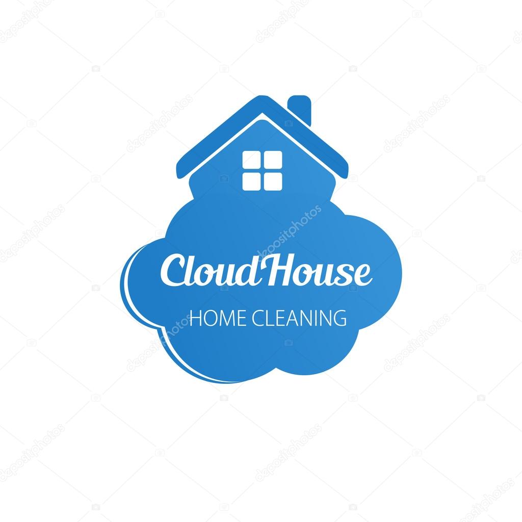 Small blue house on the cloud. Home cleaning or deleivery company business logo. Vector  element,  icon.