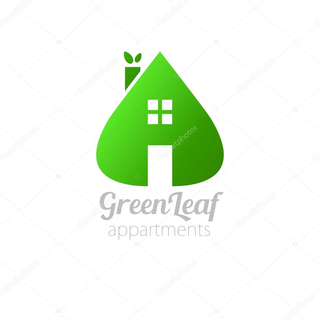 Eco house with green leaves. House logo. Ecological house icon.