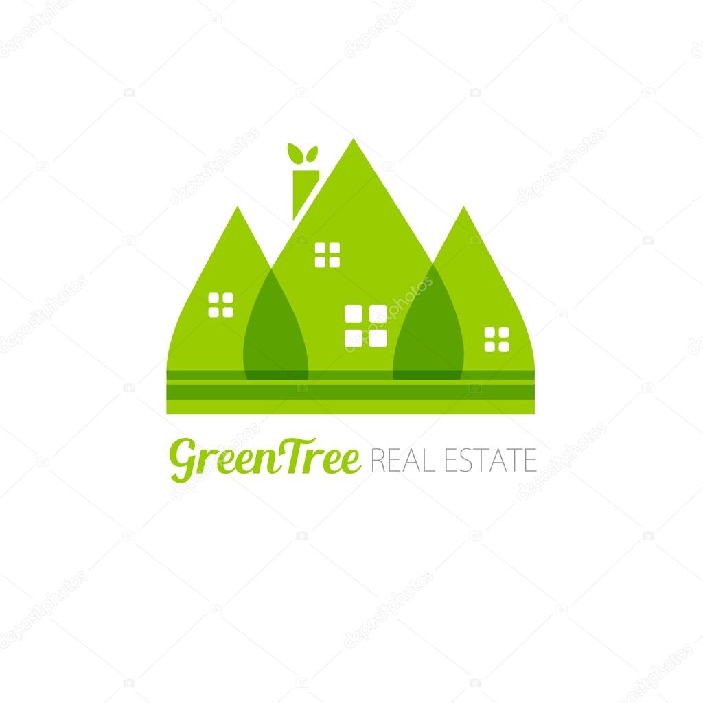 Eco house with green leaves. House logo. Ecological house icon.