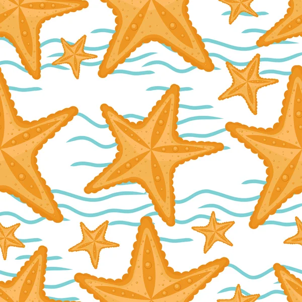 Fondo con olas y estrellas de mar, patrón de mar sin costuras . — Vector de stock