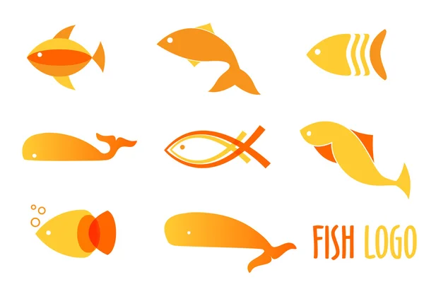 Vector illustration of warm colors golden fishes. Abstract fish logos set for seafood restaurant or fish shop. — Stock Vector