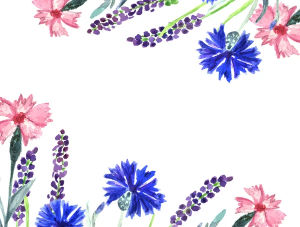 Ακουαρέλα ζωγραφισμένα floral φόντο. Καλαμποκάλευρο, lavender, γλυκό μπιζέλι και παπαρούνας μοτίβο λουλουδιών. — Διανυσματικό Αρχείο