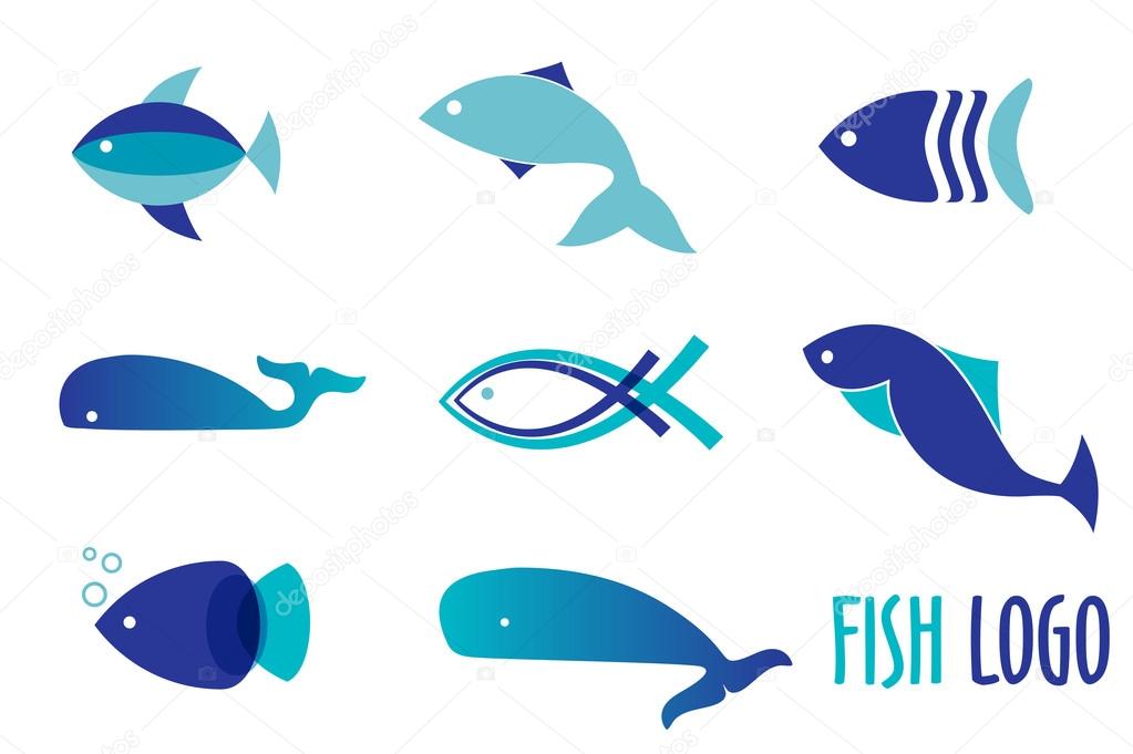 Vector illustration of blue colors fishes. Abstract fish logo set for seafood restaurant or fish shop.