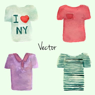 Sulu boya boyalı T-shirt küme. Vektör çizim. Beyaz, kırmızı, mor polo ve çizgili gömlek illüstrasyon