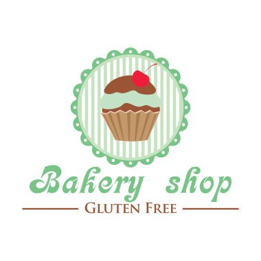 Gluten free ekmek salonu logosunu görmeniz gerekir. Çizgili arka planda, retro tarzı rozet şirin cupcake.
