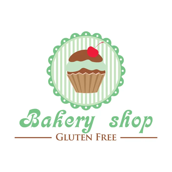 Logo de la panadería sin gluten. Bonito cupcake sobre fondo rayado, insignia de estilo retro . — Archivo Imágenes Vectoriales