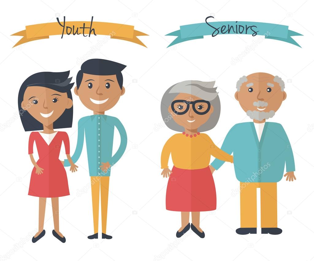 Woman and man couple generations. Family couple at different ages. Youth and seniors people isolated on white. Vector illustration in flat style