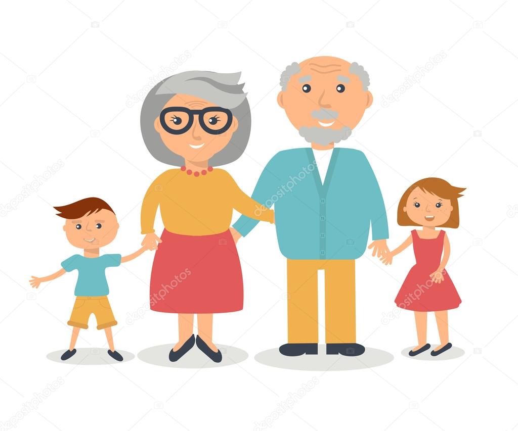 Senior grandparents with their grandchilds. People family concept. Flat style vector. 