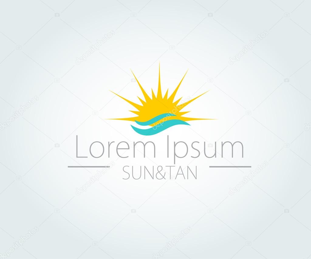 Vector Logo with yellow sun and blue sea waves. Vector logotype.