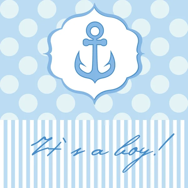 Baby boy shower card with cute anchor on seamless polka dots — Stock Vector