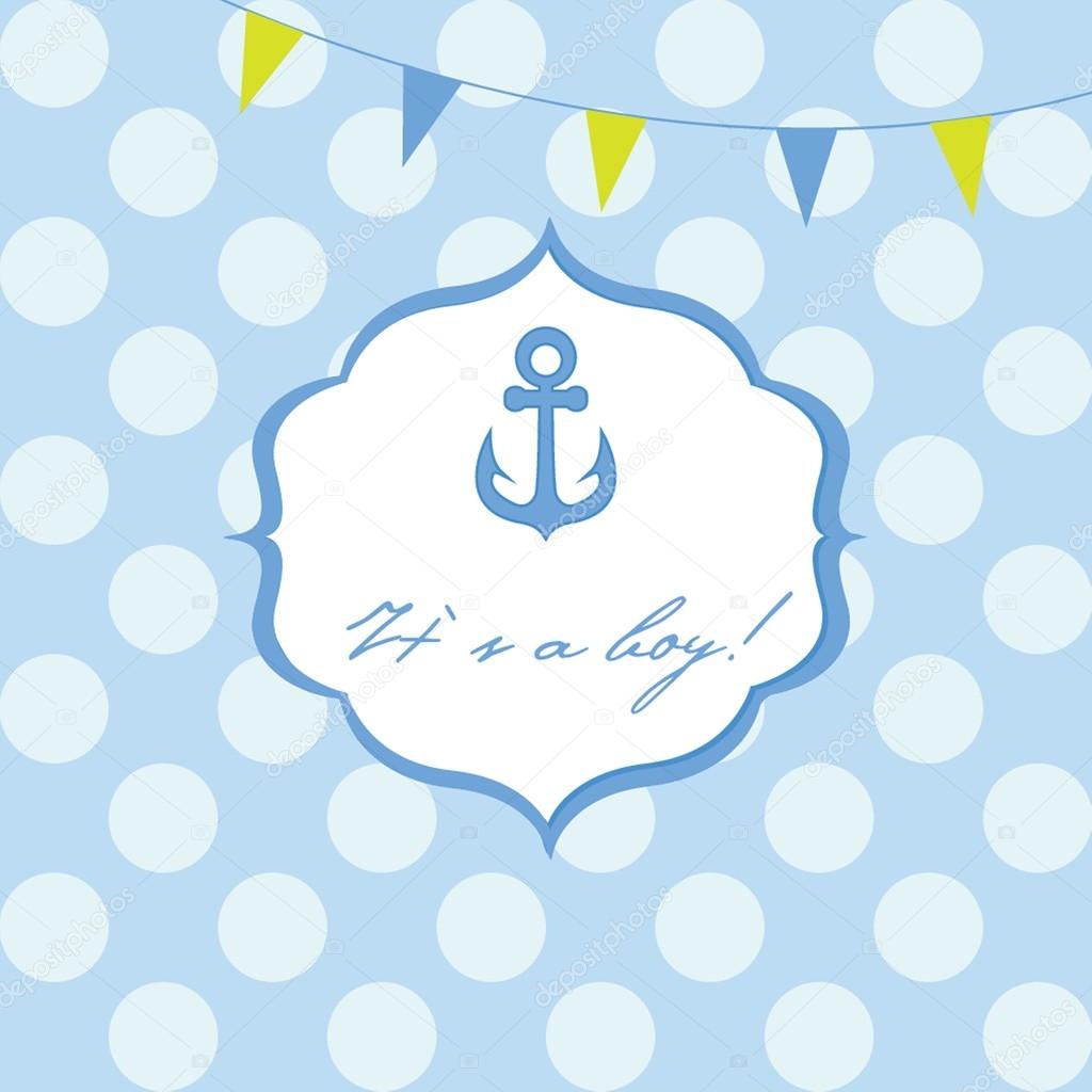 Baby boy shower card with cute anchor on seamless polka dots