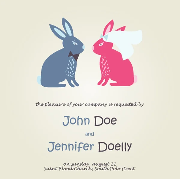 Cute wedding card with rabbits in bride and groom costumes, vector invitation. Valentines day. — ストックベクタ