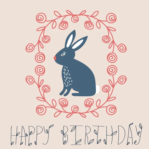 Vintage happy birthday card, cute bunny and hand drawn wreath — Stock Vector