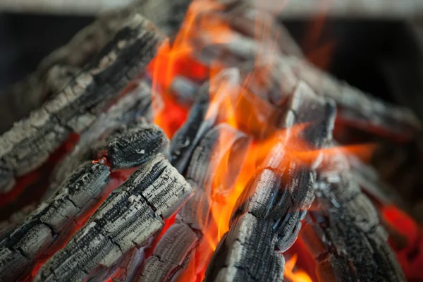 Ohýnek s plameny zuhelnatělého dřeva — Stock fotografie