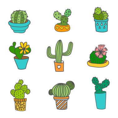 Hand Drawn Cactus Icons Set. 9 different types of cactus.