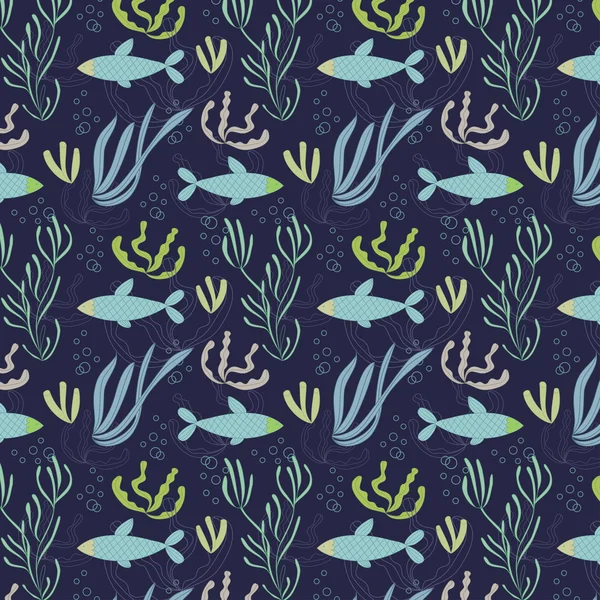 Nahtloses Muster mit handgezeichneten Fischen und Wasserpflanzen — Stockvektor