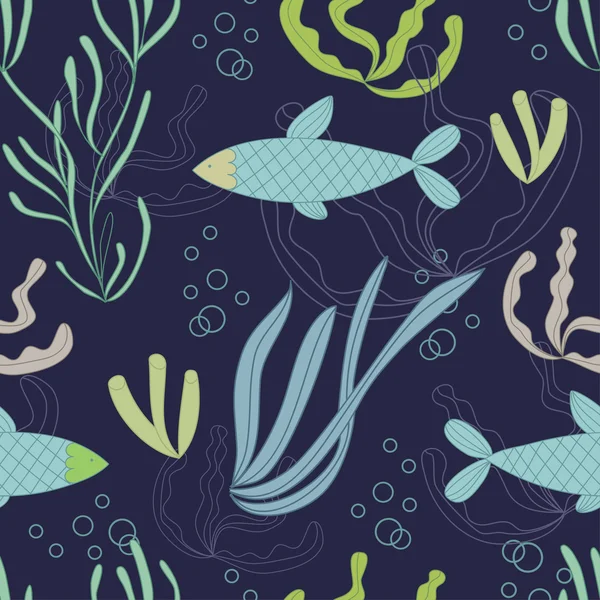 Seamless pattern with hand drawn fishes and water plants — 스톡 벡터