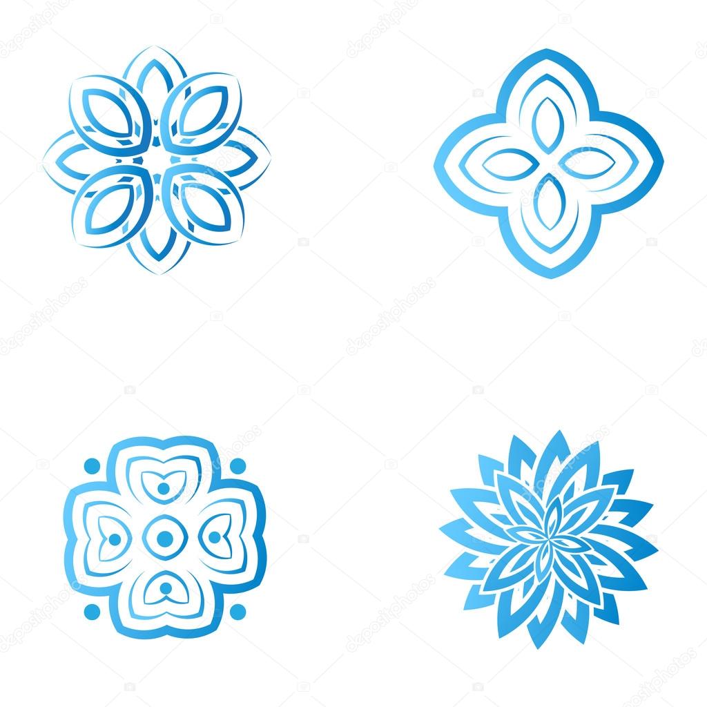 Set of four blue flower abstract logo designs.
