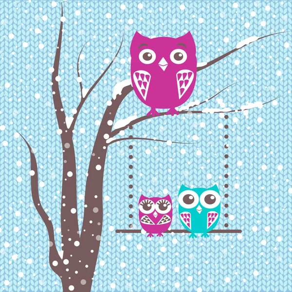 冬のフクロウの家族と一緒にブランチのクリスマス カード — ストックベクタ