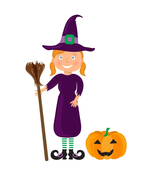 Little witch, girl in a halloween costume — Stock Vector