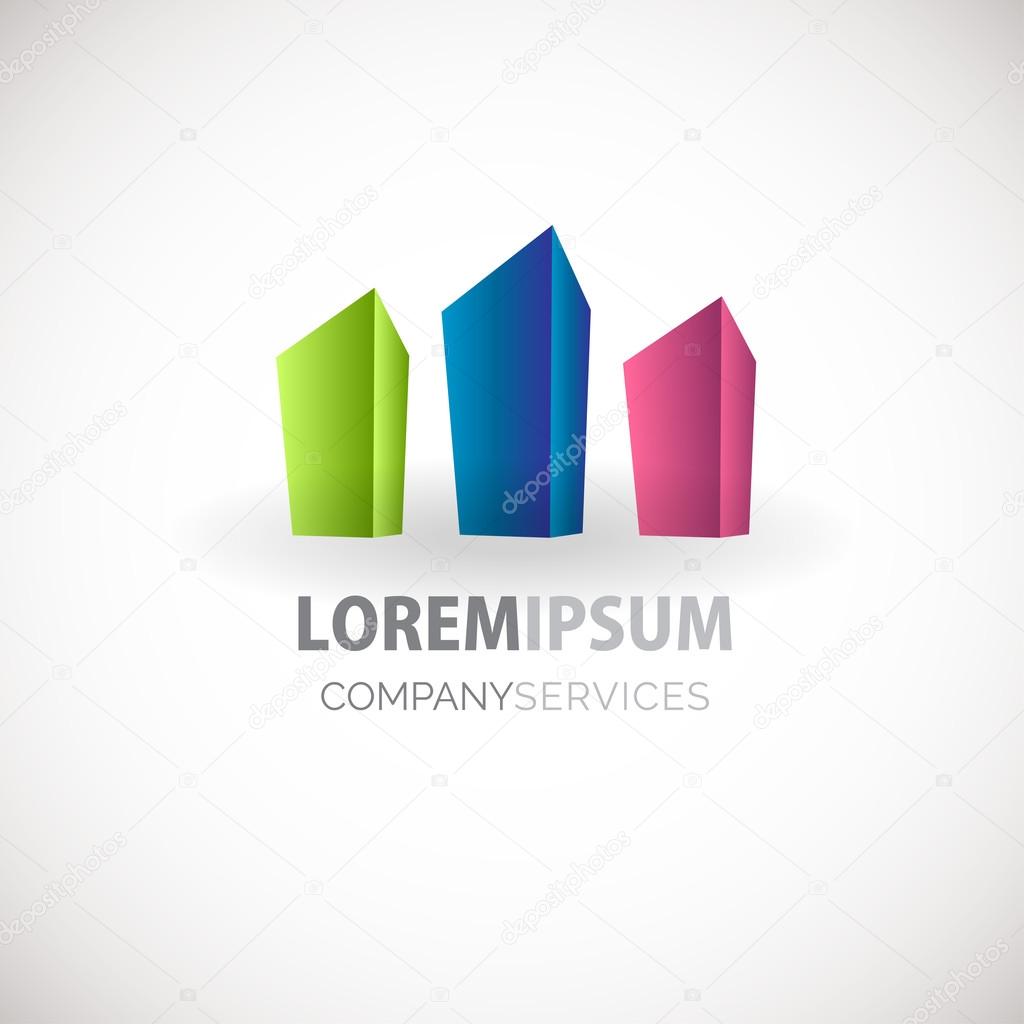 Abstract skyscratcher figure vector logo template. Dark blue, green abd pink abstract  vector logotype for social, property, web, media and other business company.