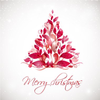 Red abstract Christmas tree on white background with lights and snowflakes.
