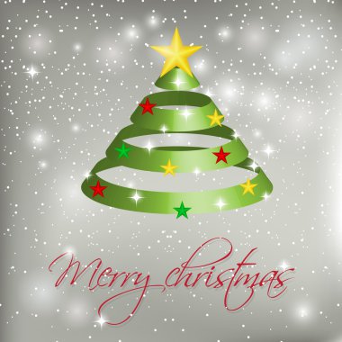 Green ribbon Christmas tree on silver background with snowballs, stars and snowflakes.