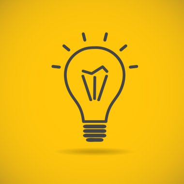 Ampul vektör simgesi, logo. Gri lineart ampul Sarı zemin üzerine