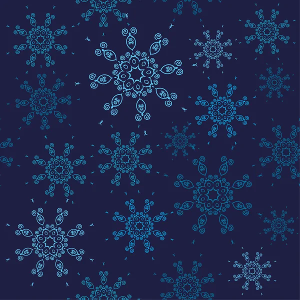 Vzor bezešvé sněhové vločky. Vánoční design s modré vločky na tmavém pozadí navy. — Stockový vektor