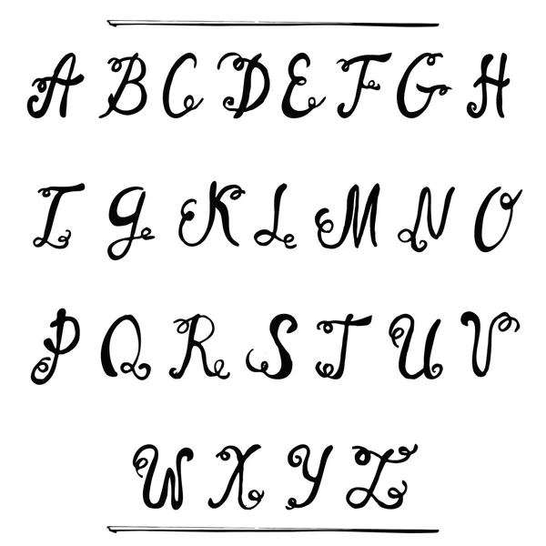 Black ink hand drawn alphabet, capital letters. Curly vintage font. — Stockový vektor