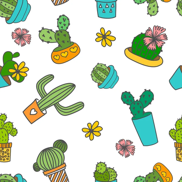 Cute doodle cactus en bloemen in een potten. — Stockvector