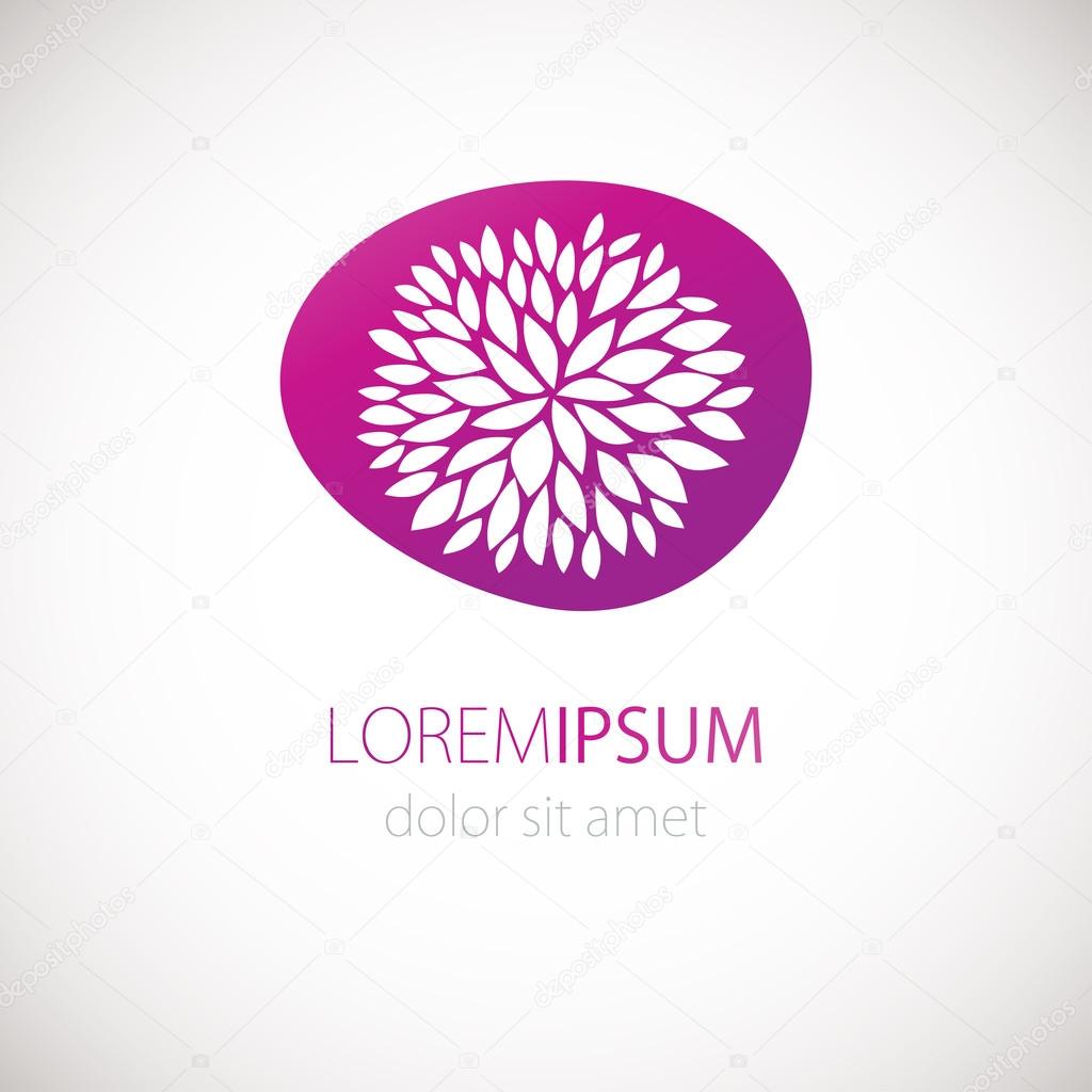 Vector banner. Logotype design with flower chrisanthemum on pink background. Hand drawn design elements. For beauty salon, health clinic, yoga and massage senter.