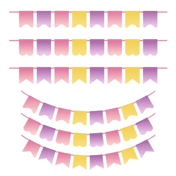 Bunting set pastel violet, yellow and pink colors. Can be used for scrapbook, greeting cards, baby shower and web design. Vintage flags design elements. Vector illustration — Stock Vector