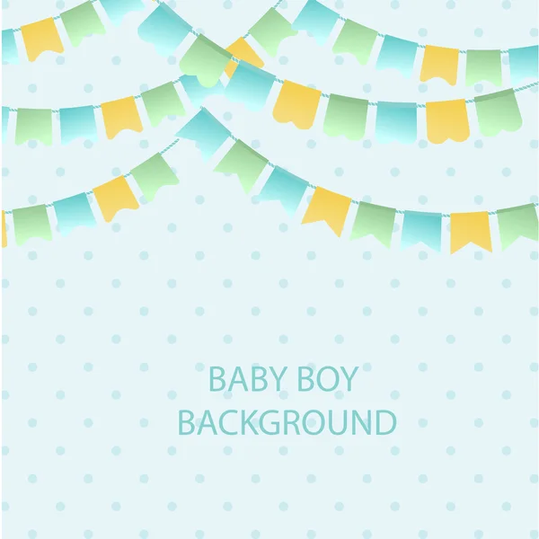 Carino vintage tessile blu verde e giallo bandiere bunting per i ragazzi baby shower sfondo. Carino ghirlande bandiera su sfondo a pois — Vettoriale Stock