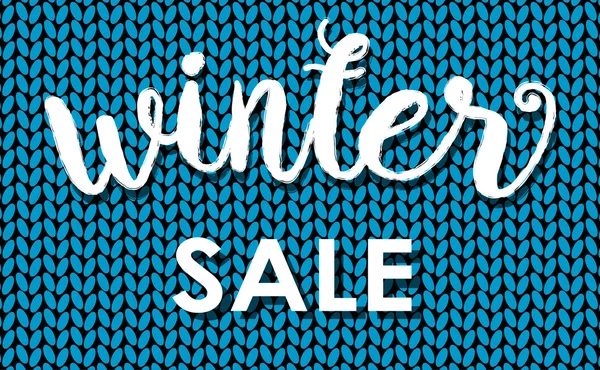 Winter sale. Ink painted inscription on blue background from knitted wool. Vector illustration. — Stock Vector