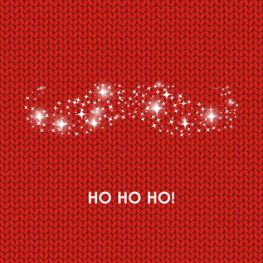 Christmas card with Santa Claus moustaches and hohoho phrase on red wool knitted background.