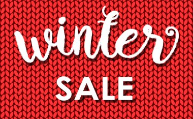 Winter sale. Ink painted inscription on red background from knitted wool. Vector illustration.