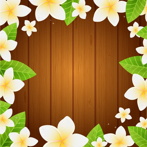 Weiße Frangipani-Blüten und Blätter auf dem hölzernen Hintergrund - Wellness-Hintergrund. — Stockvektor