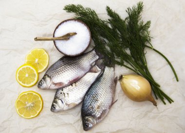 A  fresh carp live fish lying on a on paper background with a knife and slices of lemon and with salt dill. Live fish crucian Carassius auratus gibelio