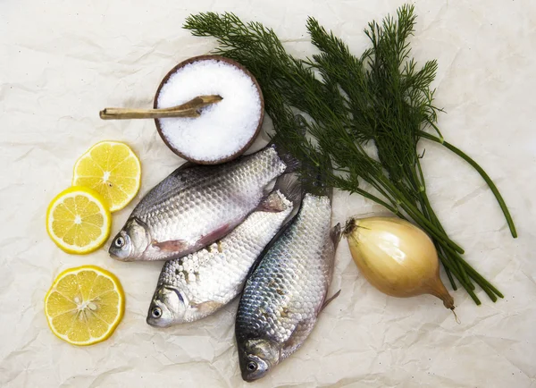 A  fresh carp live fish lying on a on paper background with a knife and slices of lemon and with salt dill. Live fish crucian Carassius auratus gibelio — Φωτογραφία Αρχείου