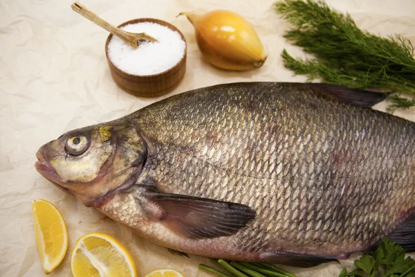 A large live bream river fish  fish lying on  a paper background  with  and slices of lemon and with salt dill — Φωτογραφία Αρχείου