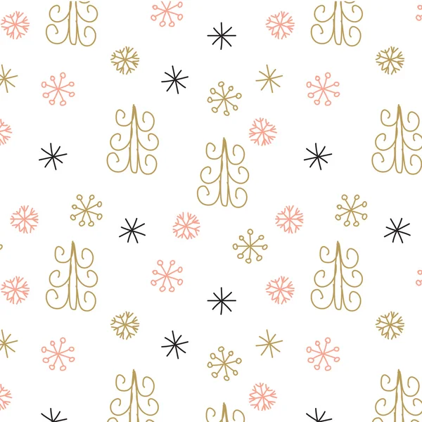 スノーフレークとモミのクリスマス ツリー。クリスマスの装飾パターン、シームレスな背景は、描かれているエレメントを手します。ブラック/ピンク/ゴールドのパステル カラーのベクトル図 — ストックベクタ